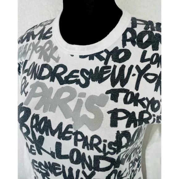 (VTG) YAN MASTER • Black/White/Silver Y2K Paris Name Print Long Sleeve Tee, S - Picture 4 of 16